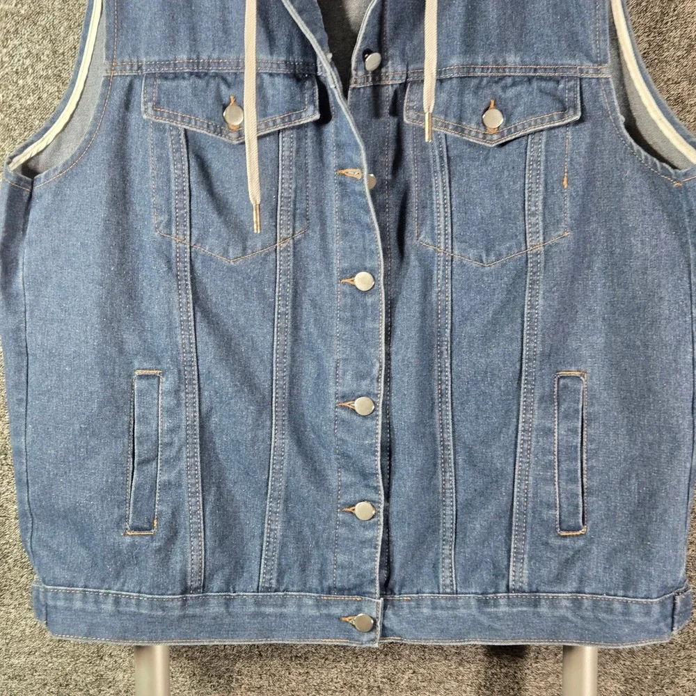 Mens Blue Denim Vest with Detachable Grey Hood Sleeveless Trucker Jacket Large